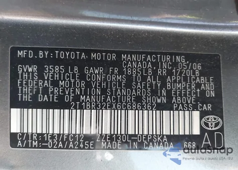 2006 Toyota Corolla S from USA, damaged, VIN 2T1BR32EX6C686362